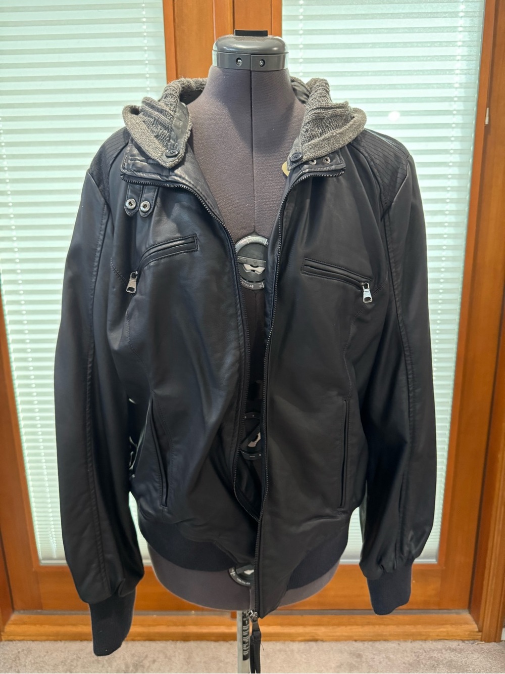 Black faux leather Hooded Jacket